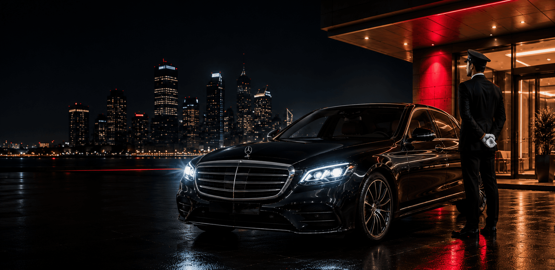 Professional chauffeur standing beside a premium black Mercedes sedan